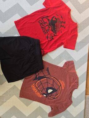 Marvel Boys Rust Red Graphic Tee With Bright Red Cruise Shirt Along With Shorts